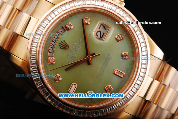 Rolex Day Date II Oyster Perpetual Automatic Movement Full Rose Gold with Diamond Bezel - Diamond Markers and Green MOP Dial - Click Image to Close